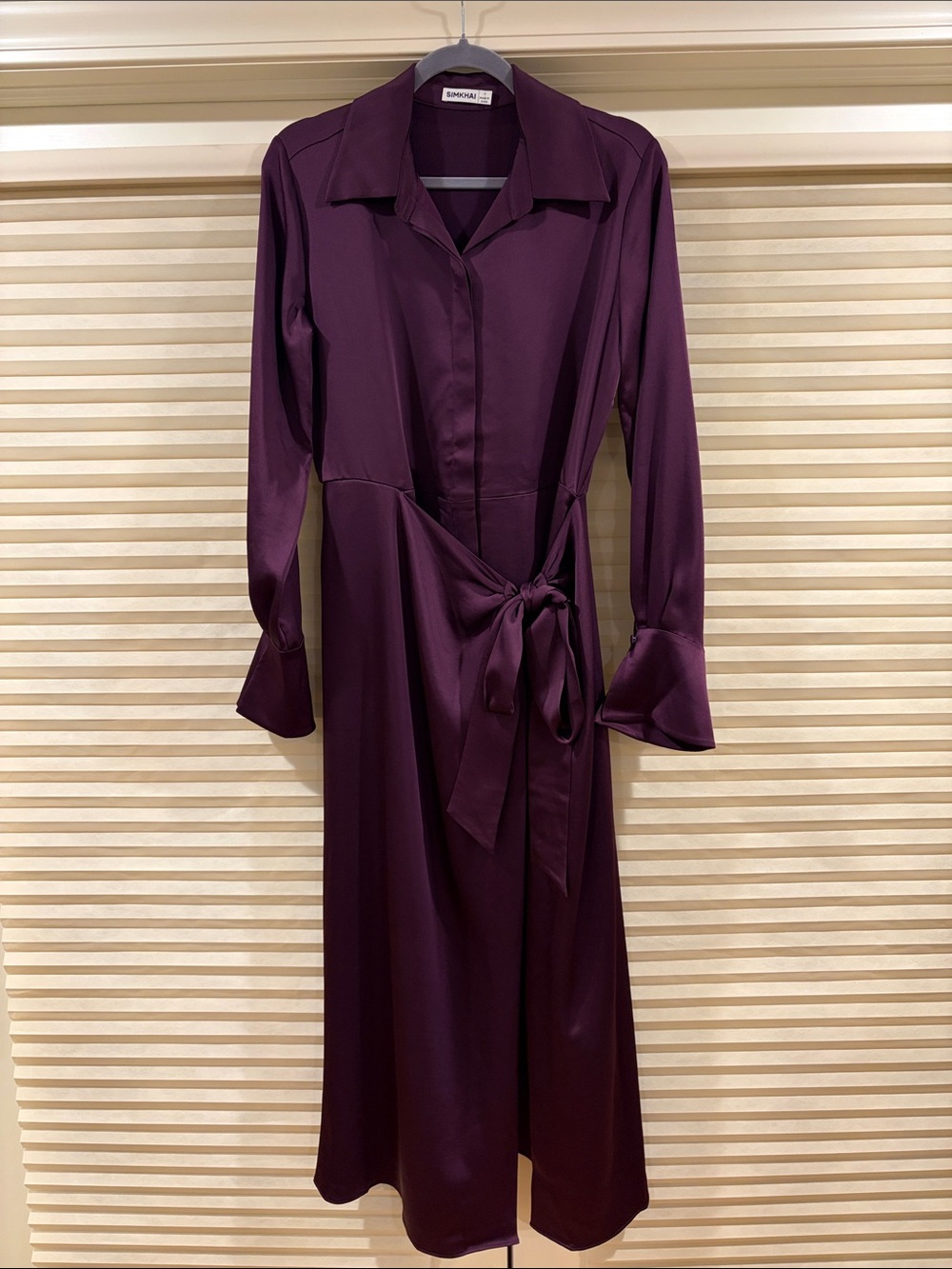 NWOT Simkhai Deep Plum Satin Long-Sleeve Tie-Waist Dress, Size US 6